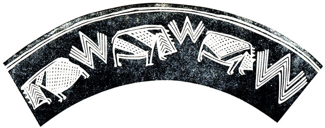 Рис. 38. Геометрическая штриховка туловища бегемотов на сосуде. Первая половина IV тысячелетия. Британский музей