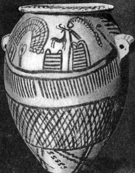 Рис. 47. Сосуд с изображением многовесельной ладьи. Приблизительно середина IV тысячелетия. Лувр