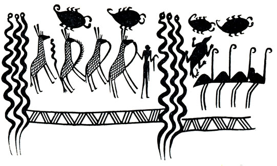 Рис. 51. Изображение человека, ведущего жирафов. Середина IV тысячелетия. Берлинский государственный музей (ГДР)