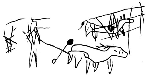 Рис. 53. Наскальные изображения из Мегиддо: охотник, поражающий оленя. Вторая половина IV тысячелетия